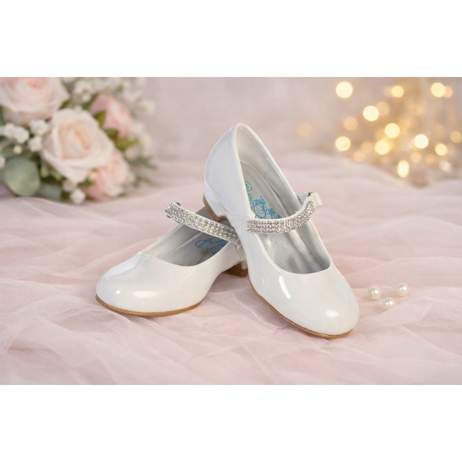 NEW Girl's Communion Dress Shoe - White/Patent 1" Heel Rhinestone Strap - Size 1