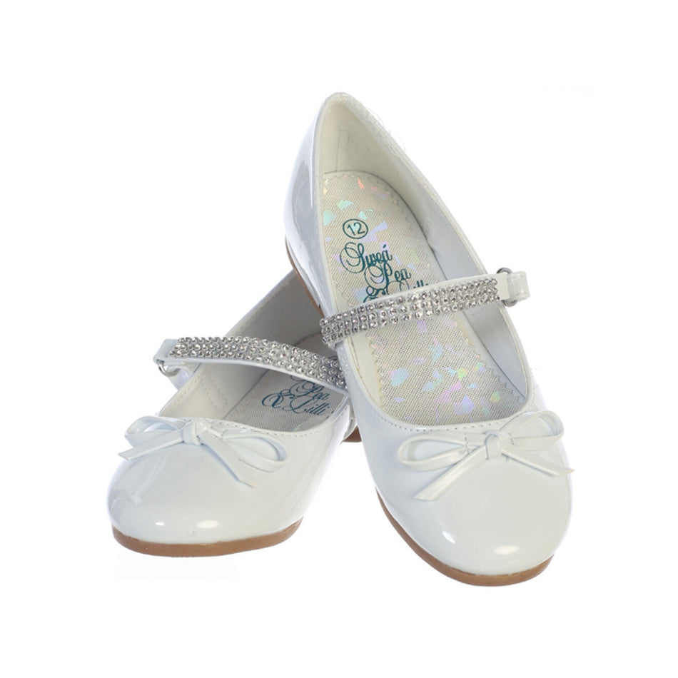 NEW Girl's Communion Dress Shoe - White/Patent Leather Flat Shoe with Rhinestone Strap - Size 1