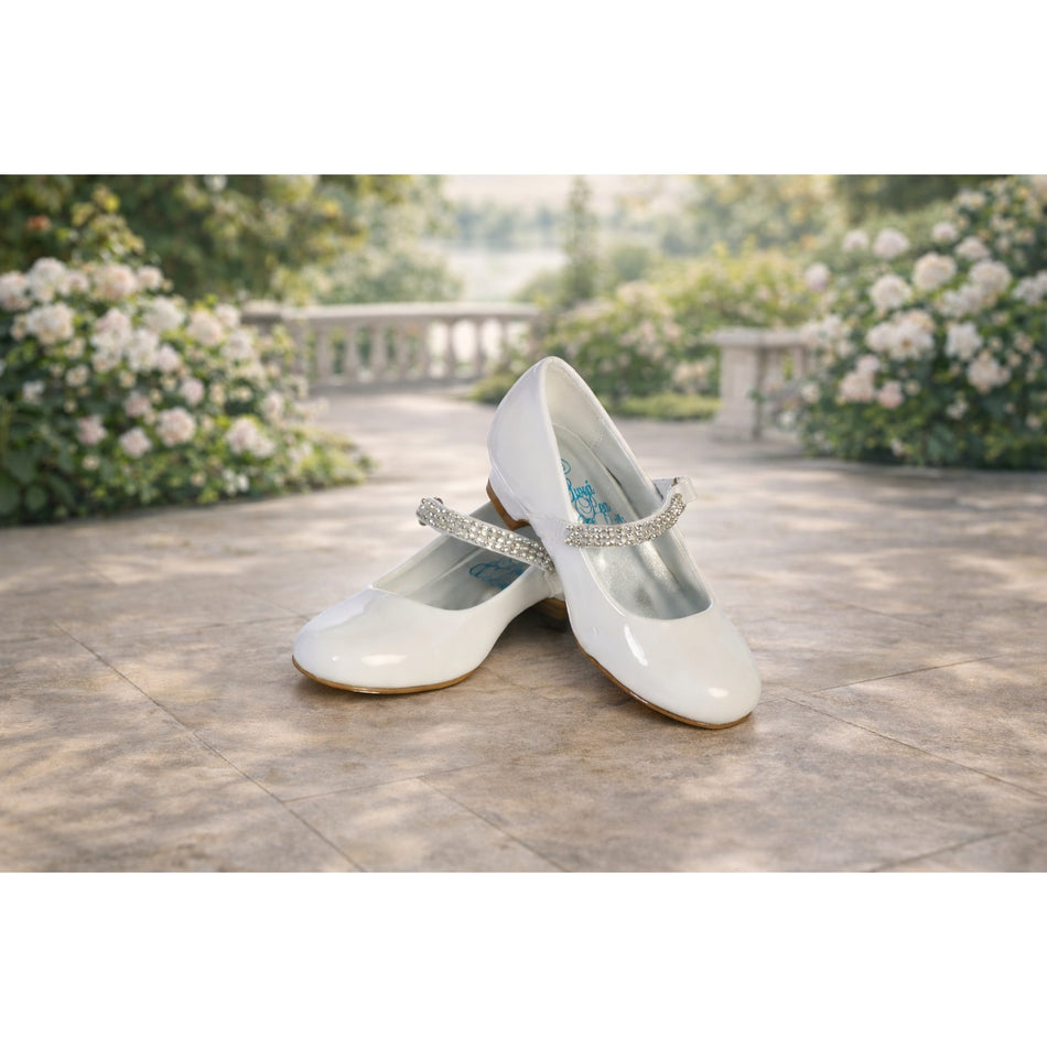 NEW Girl's Communion Dress Shoe - White/Patent 1" Heel Rhinestone Strap - Size 5