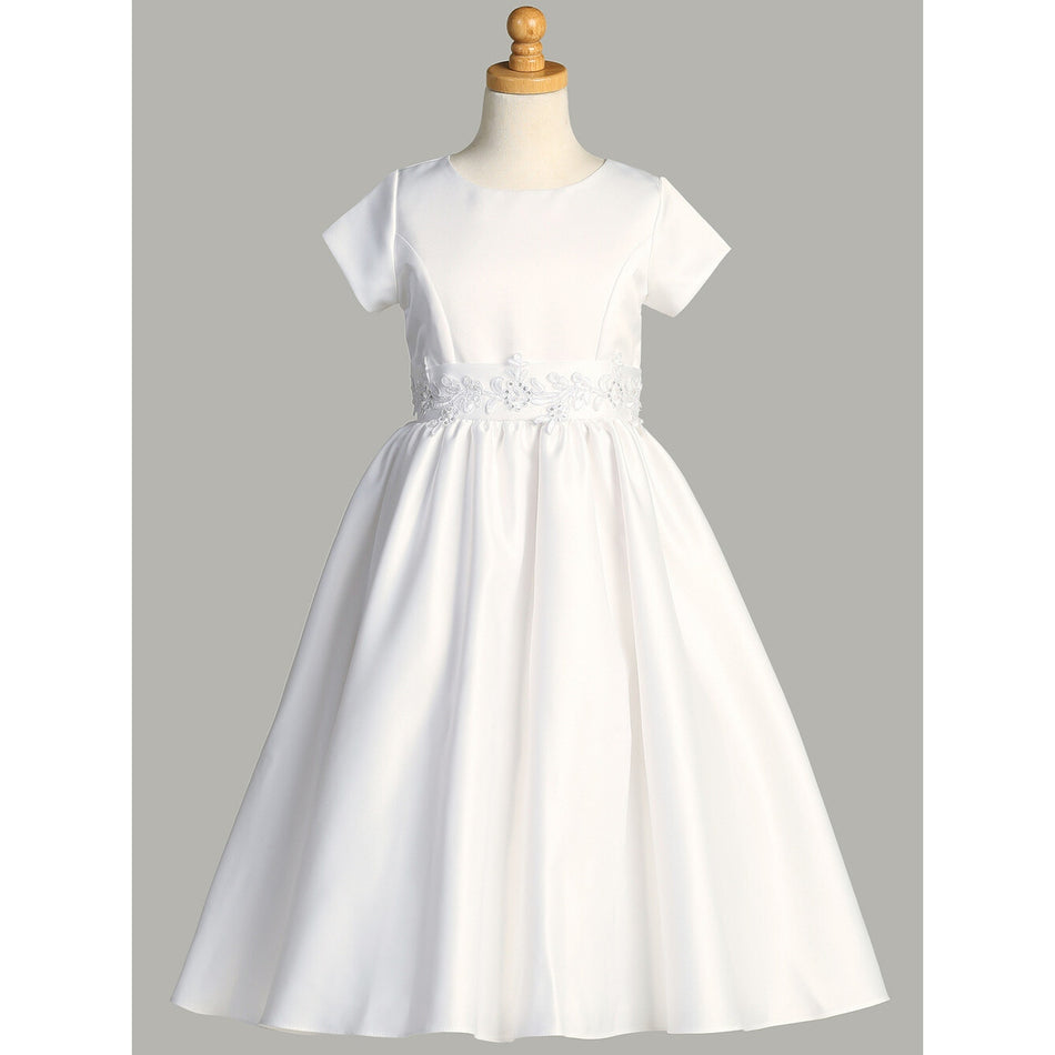 NEW Girls First Holy Communion Dress - Satin Silver Corded Trim Tea-Length Dress - Size 12
