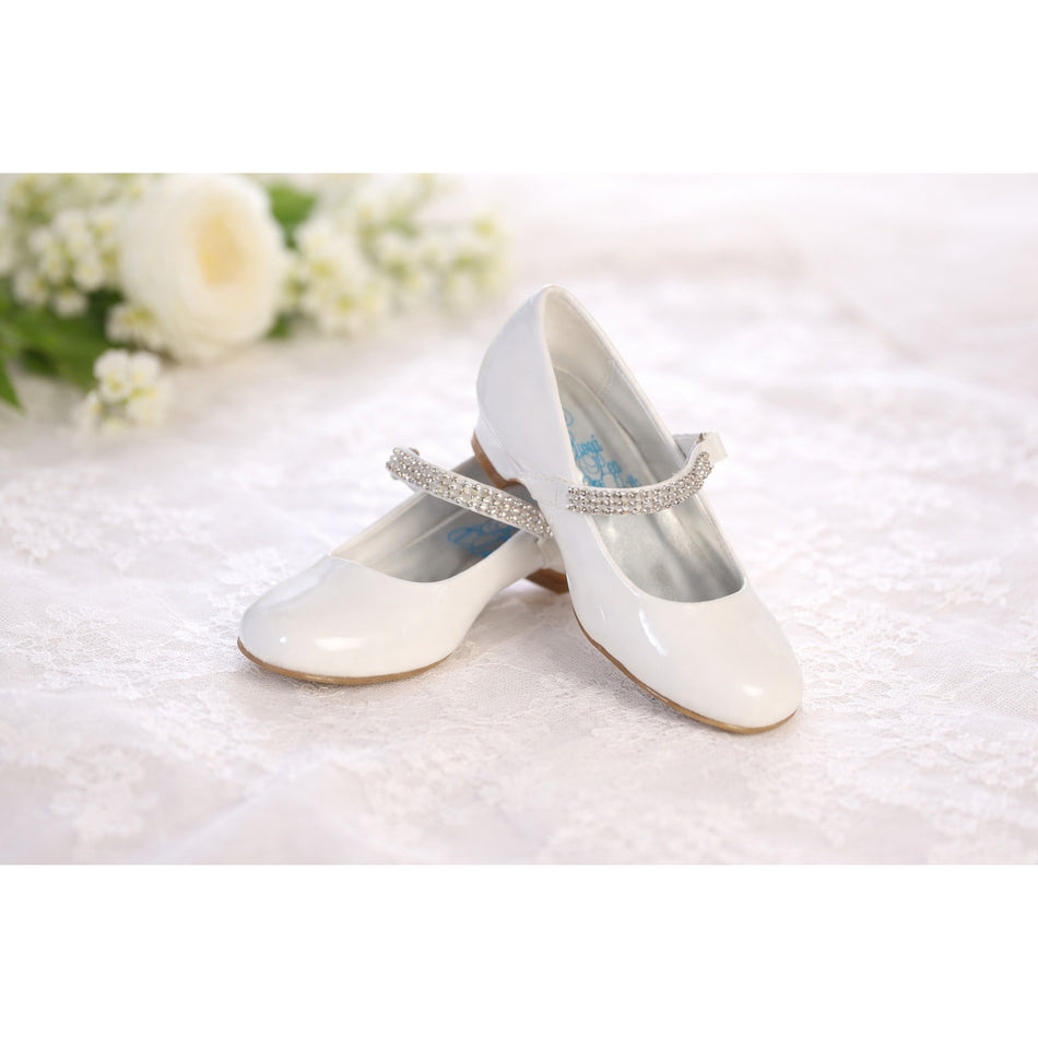 NEW Girl's Communion Dress Shoe - White/Patent 1" Heel Rhinestone Strap - Size 10T