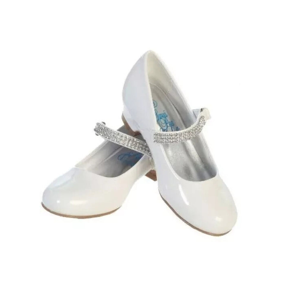 NEW Girl's Communion Dress Shoe - White/Patent 1" Heel Rhinestone Strap - Size 13T