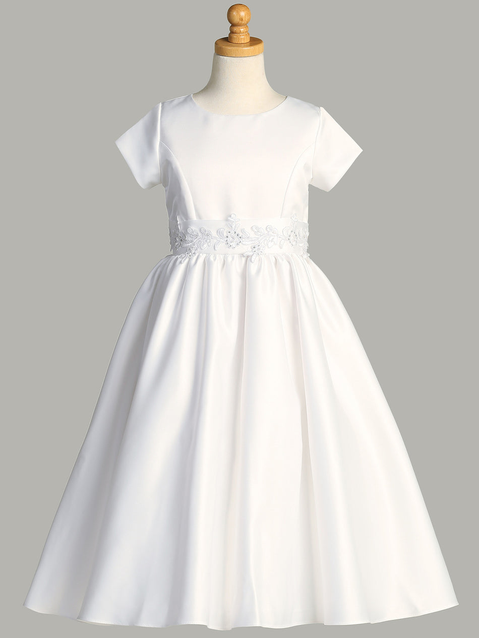 SP185 White First Communion Dress Satin with silver corded trim