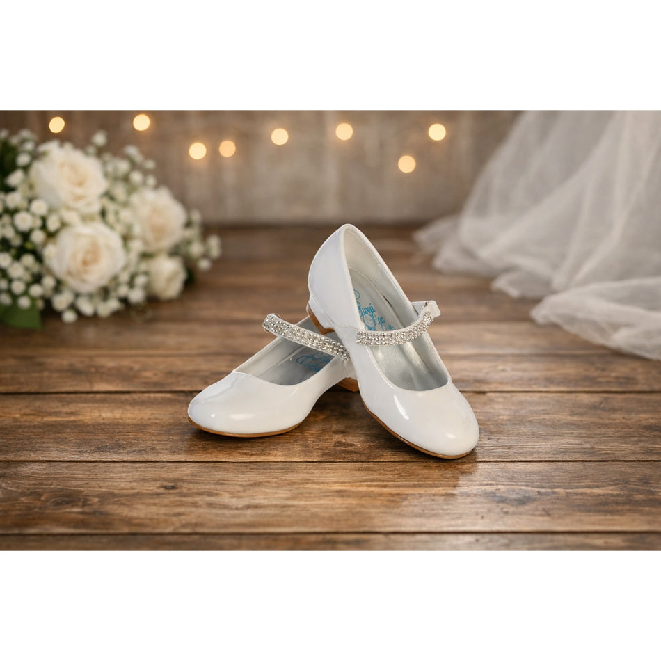 NEW Girl's Communion Dress Shoe - White/Patent 1" Heel Rhinestone Strap - Size 3