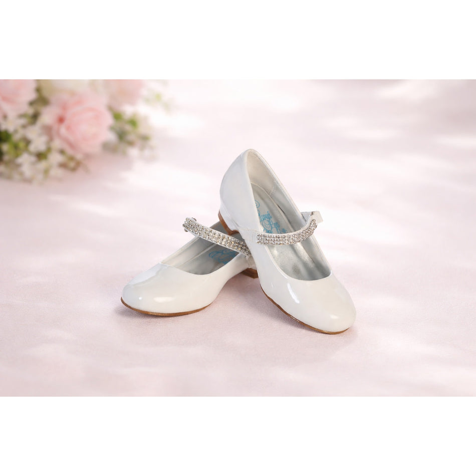 NEW Girl's Communion Dress Shoe - White/Patent 1" Heel Rhinestone Strap - Size 2