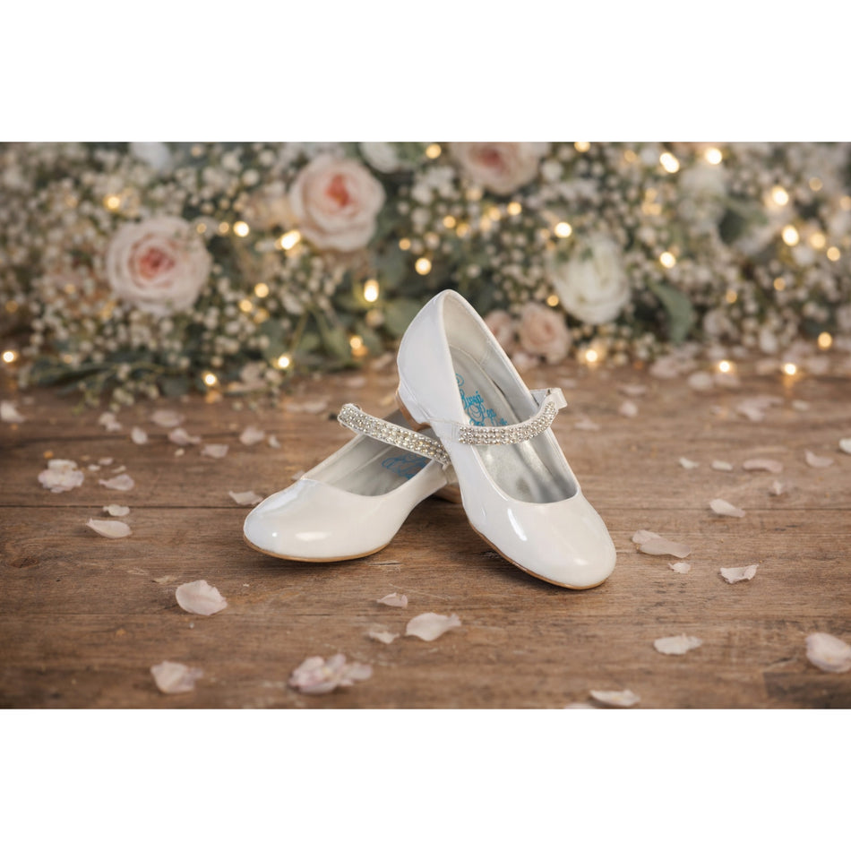 NEW Girl's Communion Dress Shoe - White/Patent 1" Heel Rhinestone Strap - Size 11T
