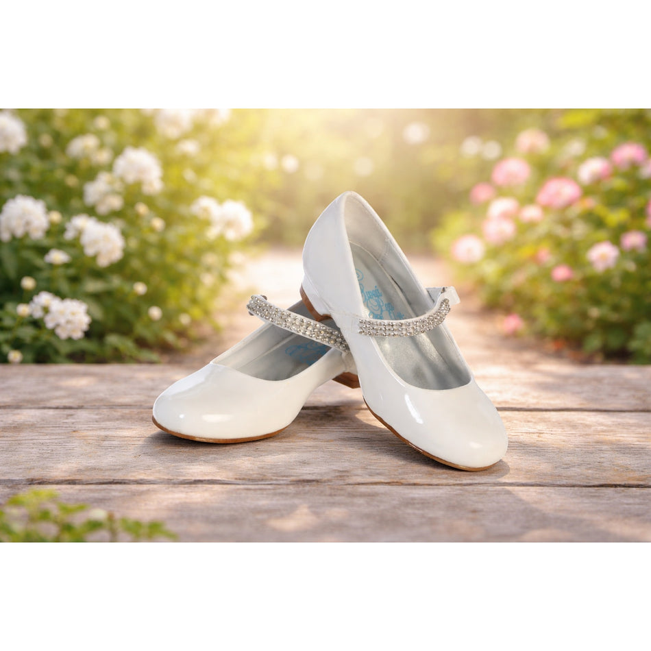 NEW Girl's Communion Dress Shoe - White/Patent 1" Heel Rhinestone Strap - Size 4