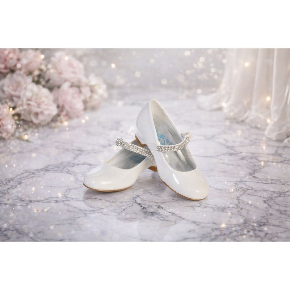 NEW Girl's Communion Dress Shoe - White/Patent 1" Heel Rhinestone Strap - Size 13T