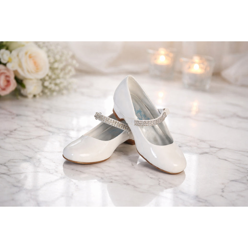 NEW Girl's Communion Dress Shoe - White/Patent 1" Heel Rhinestone Strap - Size 12T