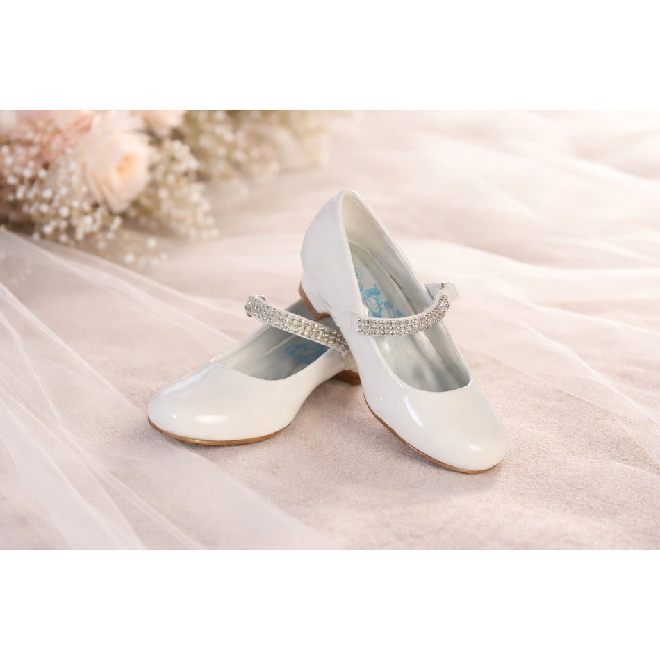 NEW Girl's Communion Dress Shoe - White/Patent 1" Heel Rhinestone Strap - Size 9T